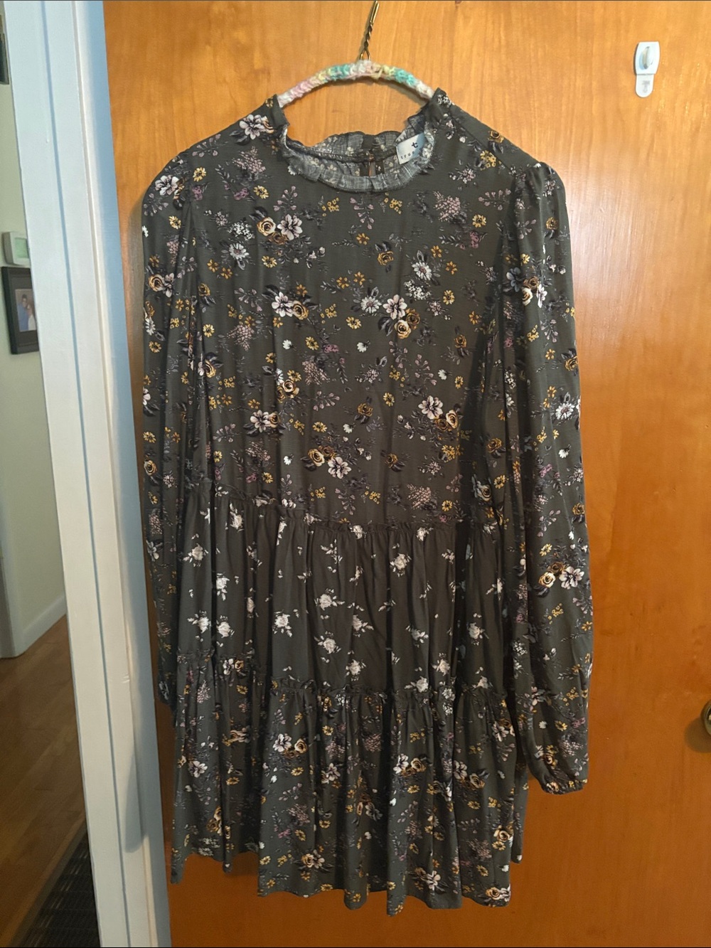 True Craft Olive Green Floral Tiered Long-Sleeve Dress